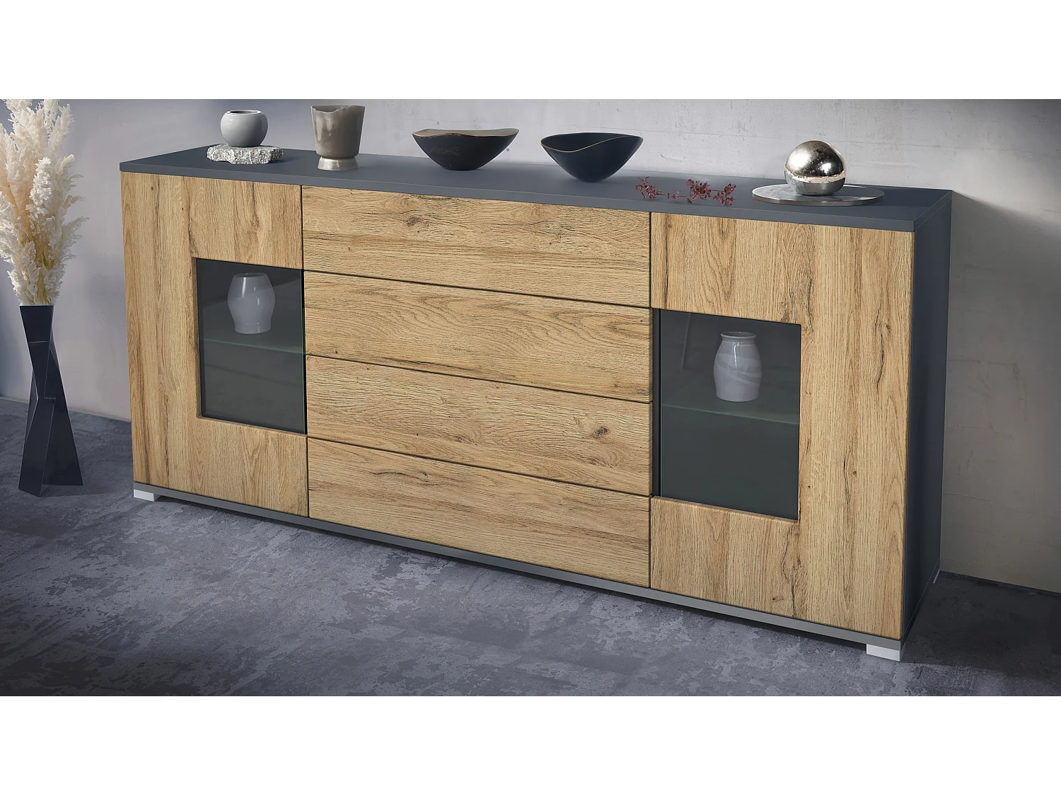 Buffet Grömitz V2 – Meuble avec 2 Grandes Portes et 4 Tiroirs, anthracite mat/chêne nature (166,5 x 75,5 x 35)