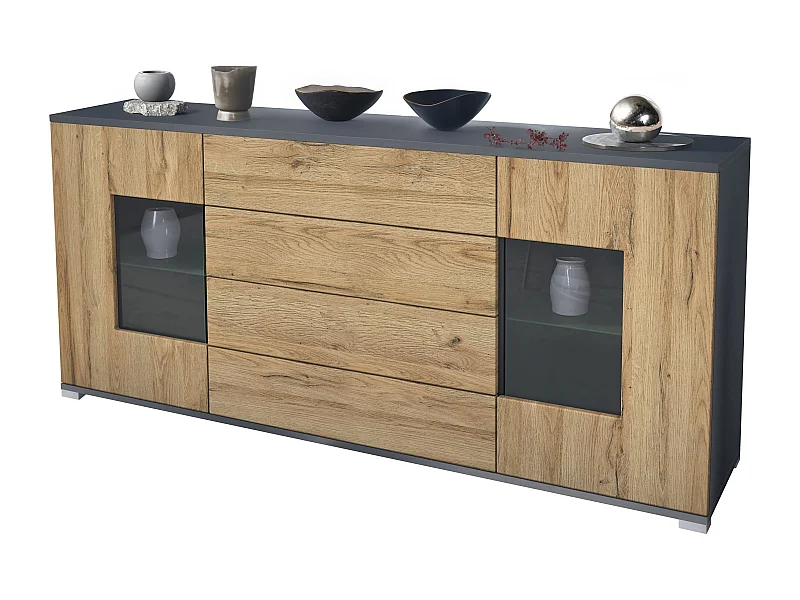 Credenza Grömitz V2 – Mobile con 2 Grandi Ante e 4 Cassetti, antracite opaco /rovere naturale (166,5 x 75,5 x 35)