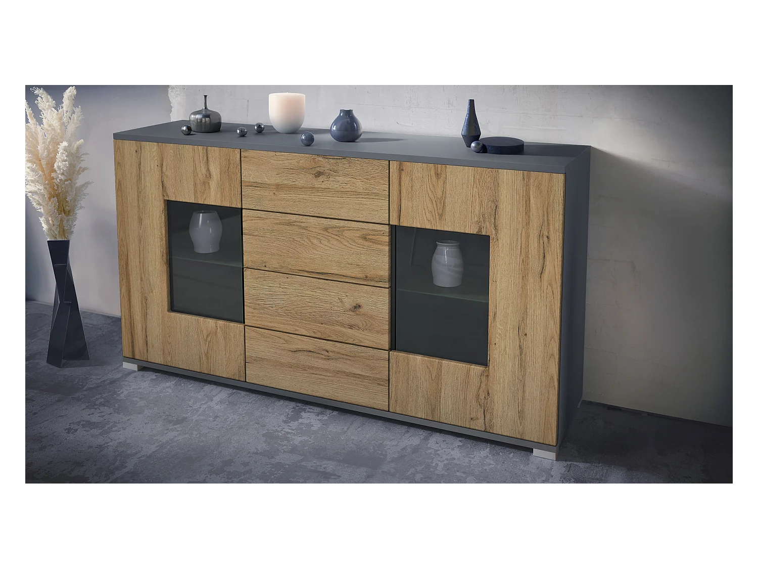 Buffet Grömitz V1 – Meuble avec 2 Grandes Portes et 4 Tiroirs, anthracite mat/chêne nature (138,5 x 75,5 x 35)