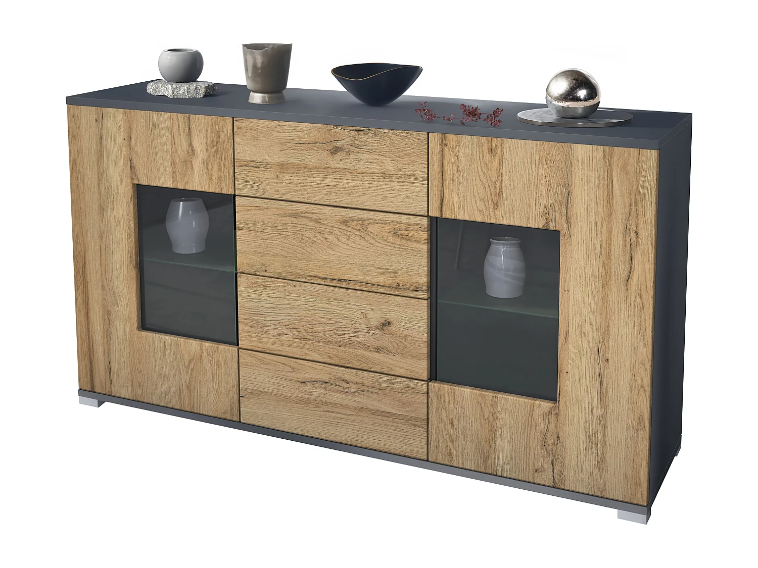 Buffet Grömitz V1 – Meuble avec 2 Grandes Portes et 4 Tiroirs, anthracite mat/chêne nature (138,5 x 75,5 x 35)