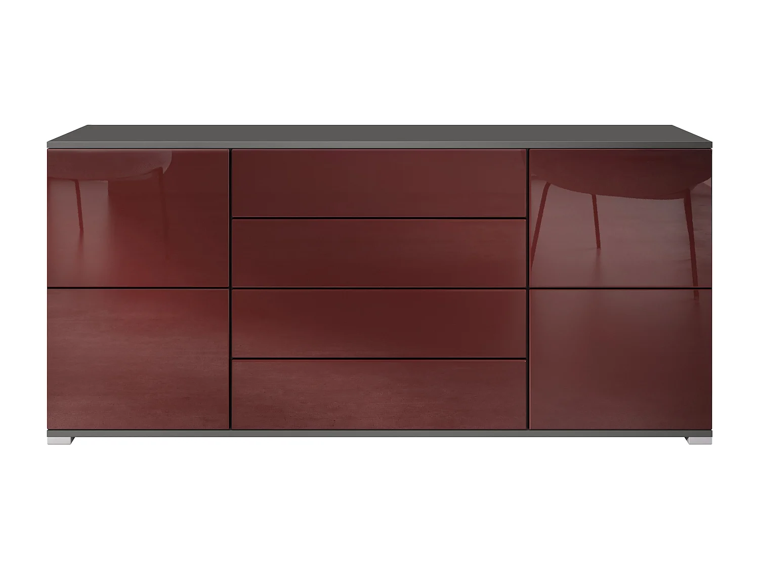 Buffet Rova V2 – Meuble avec 4 Portes et 4 Tiroirs, anthracite mat/bordeaux haute brillance (166,5 x 75,5 x 35)
