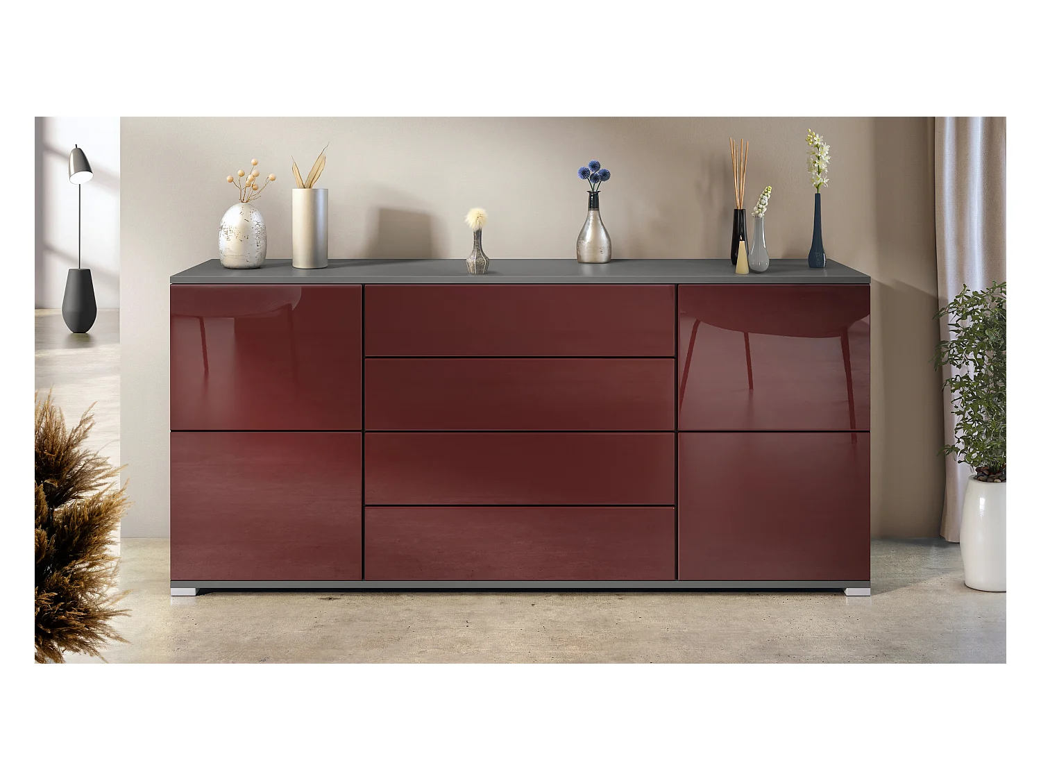 Buffet Rova V2 – Meuble avec 4 Portes et 4 Tiroirs, anthracite mat/bordeaux haute brillance (166,5 x 75,5 x 35)