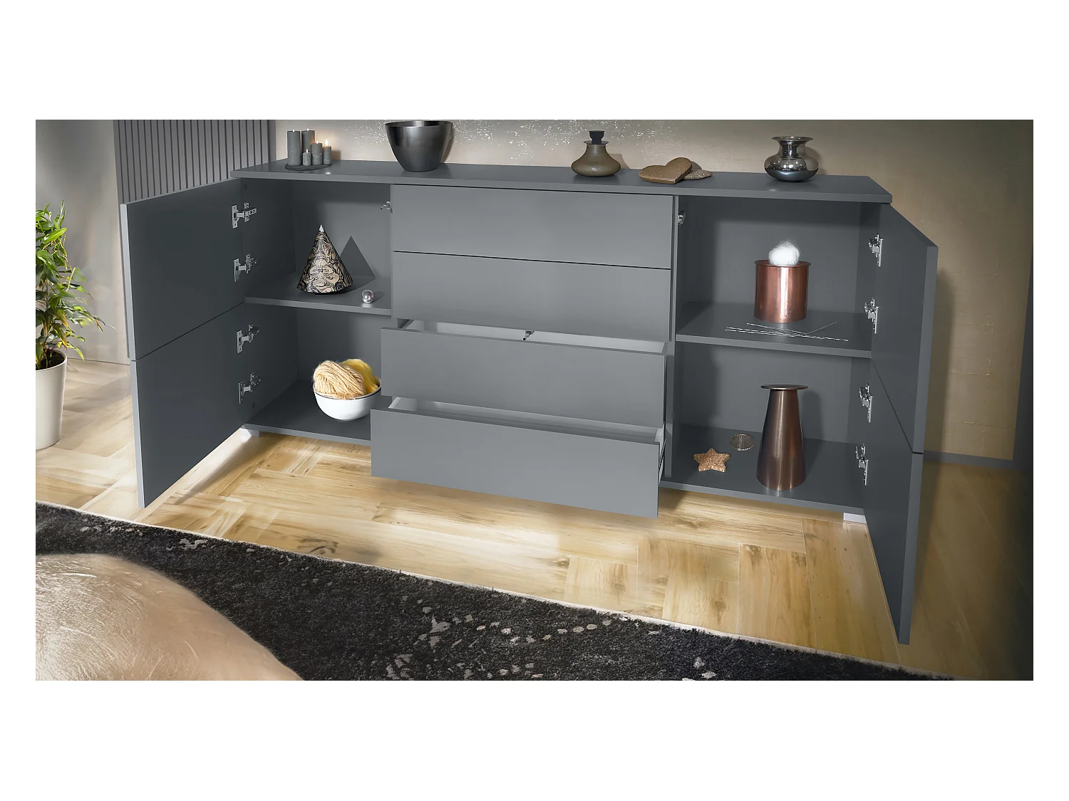 Buffet Rova V2 – Meuble avec 4 Portes et 4 Tiroirs, anthracite mat/bordeaux haute brillance (166,5 x 75,5 x 35)