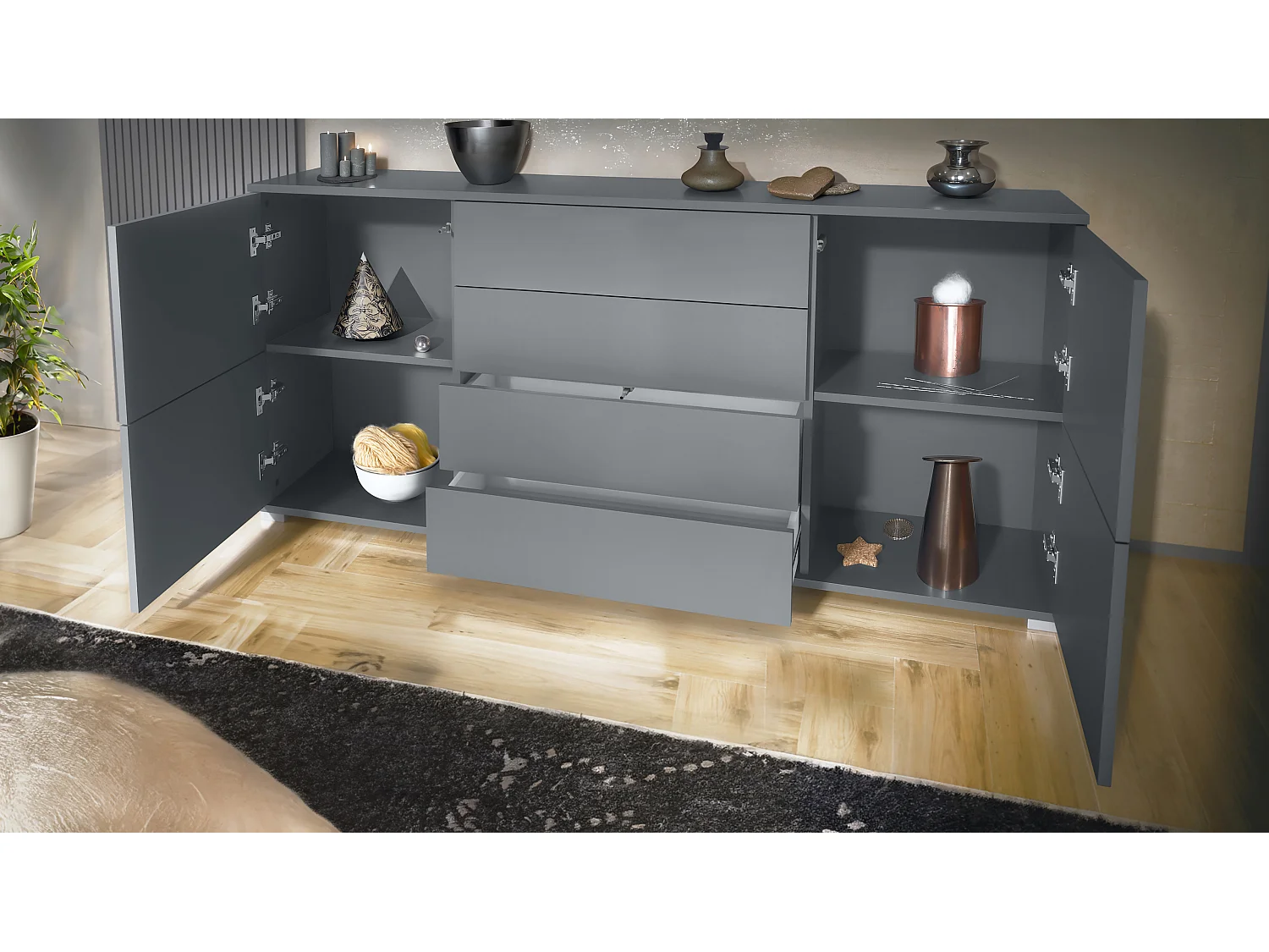 Buffet Rova V2 – Meuble avec 4 Portes et 4 Tiroirs, anthracite mat/bordeaux haute brillance (166,5 x 75,5 x 35)