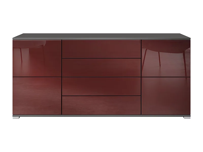 Buffet Rova V2 – Meuble avec 4 Portes et 4 Tiroirs, anthracite mat/bordeaux haute brillance (166,5 x 75,5 x 35)