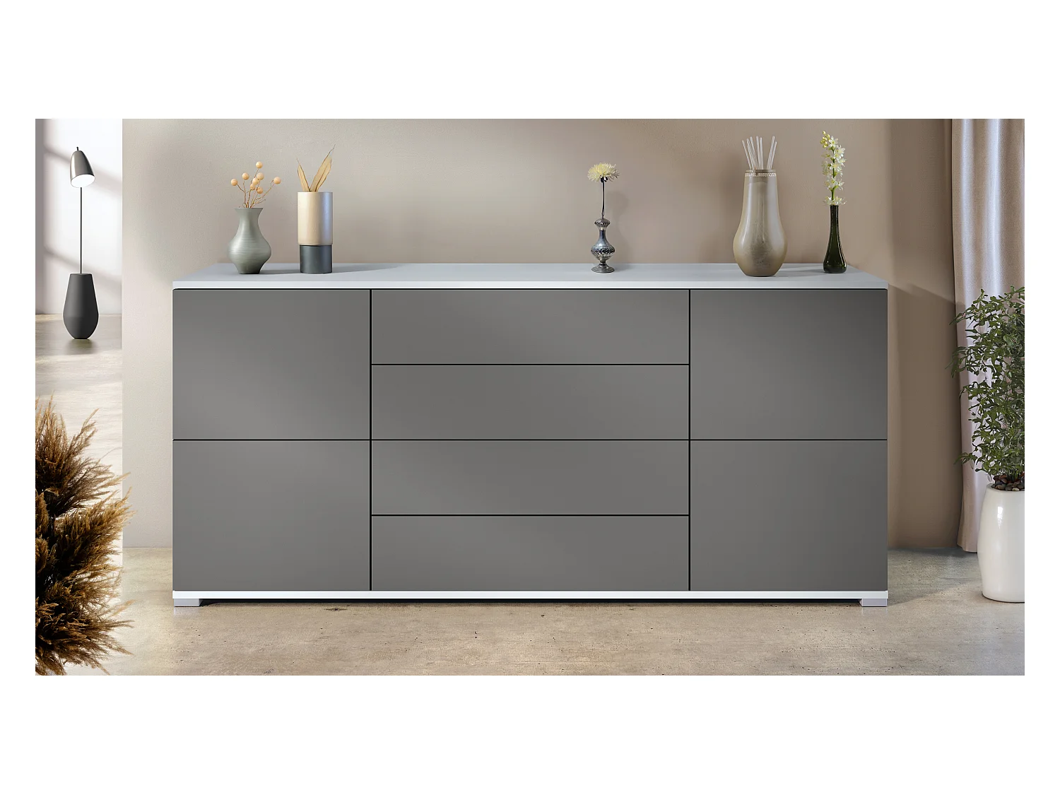 Buffet Rova V2 – Meuble avec 4 Portes et 4 Tiroirs, blanc mat/anthracite mat (166,5 x 75,5 x 35)