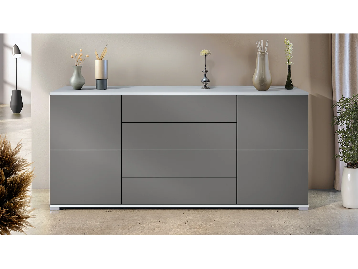 Buffet Rova V2 – Meuble avec 4 Portes et 4 Tiroirs, blanc mat/anthracite mat (166,5 x 75,5 x 35)