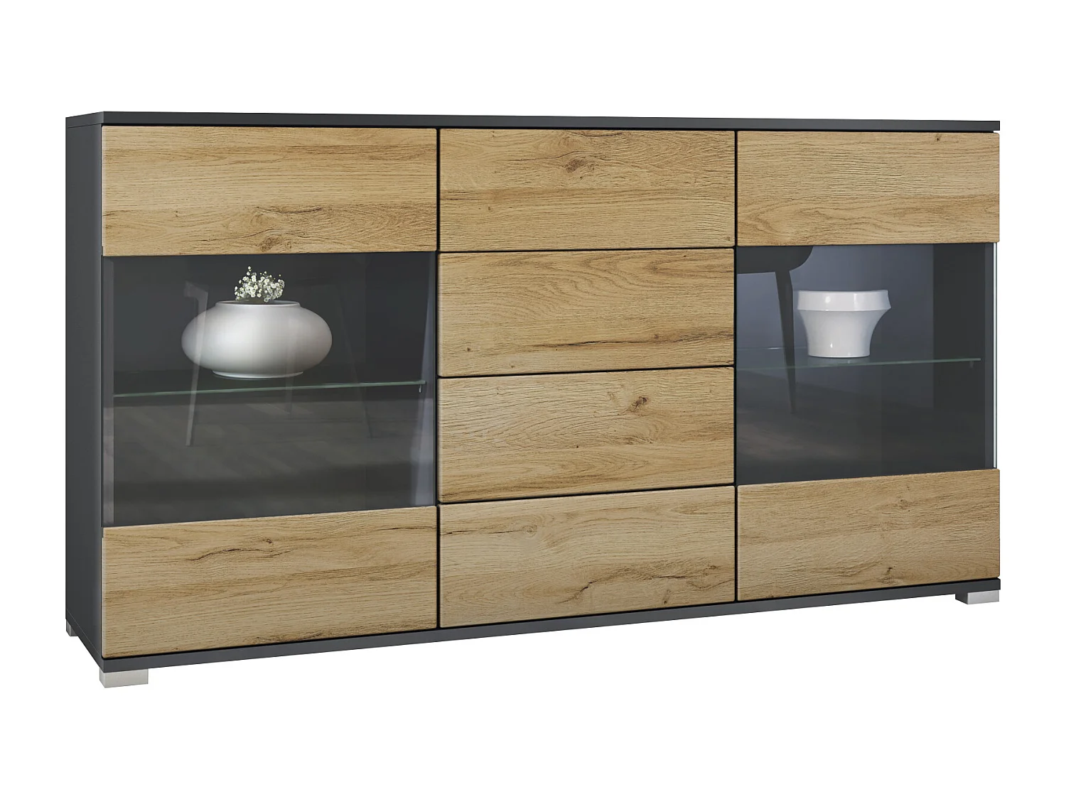 Buffet Bari V1 – Meuble avec 2 Grandes Portes et 4 Tiroirs, anthracite mat/chêne nature (138,5 x 75,5 x 35)