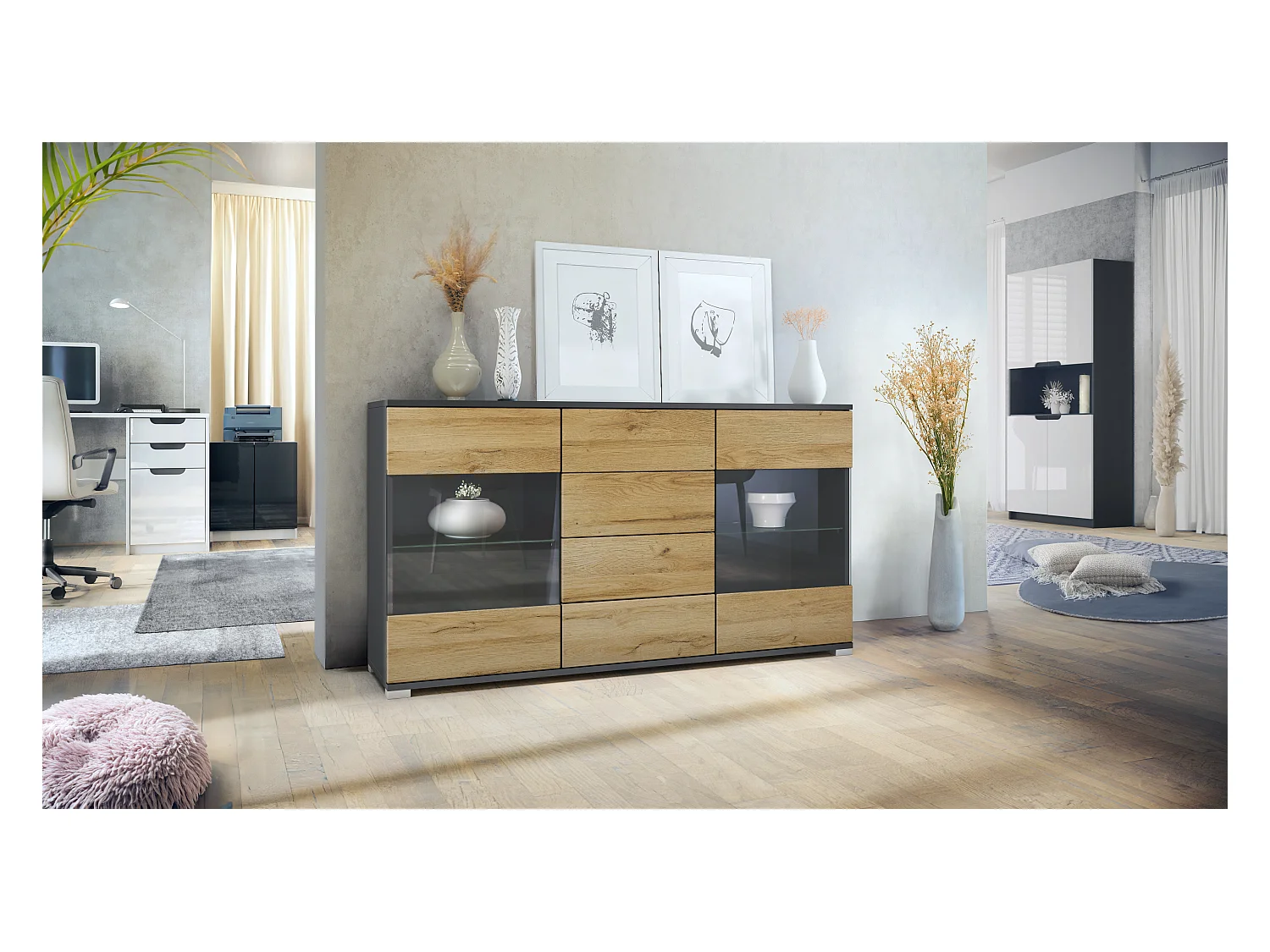 Buffet Bari V1 – Meuble avec 2 Grandes Portes et 4 Tiroirs, anthracite mat/chêne nature (138,5 x 75,5 x 35)