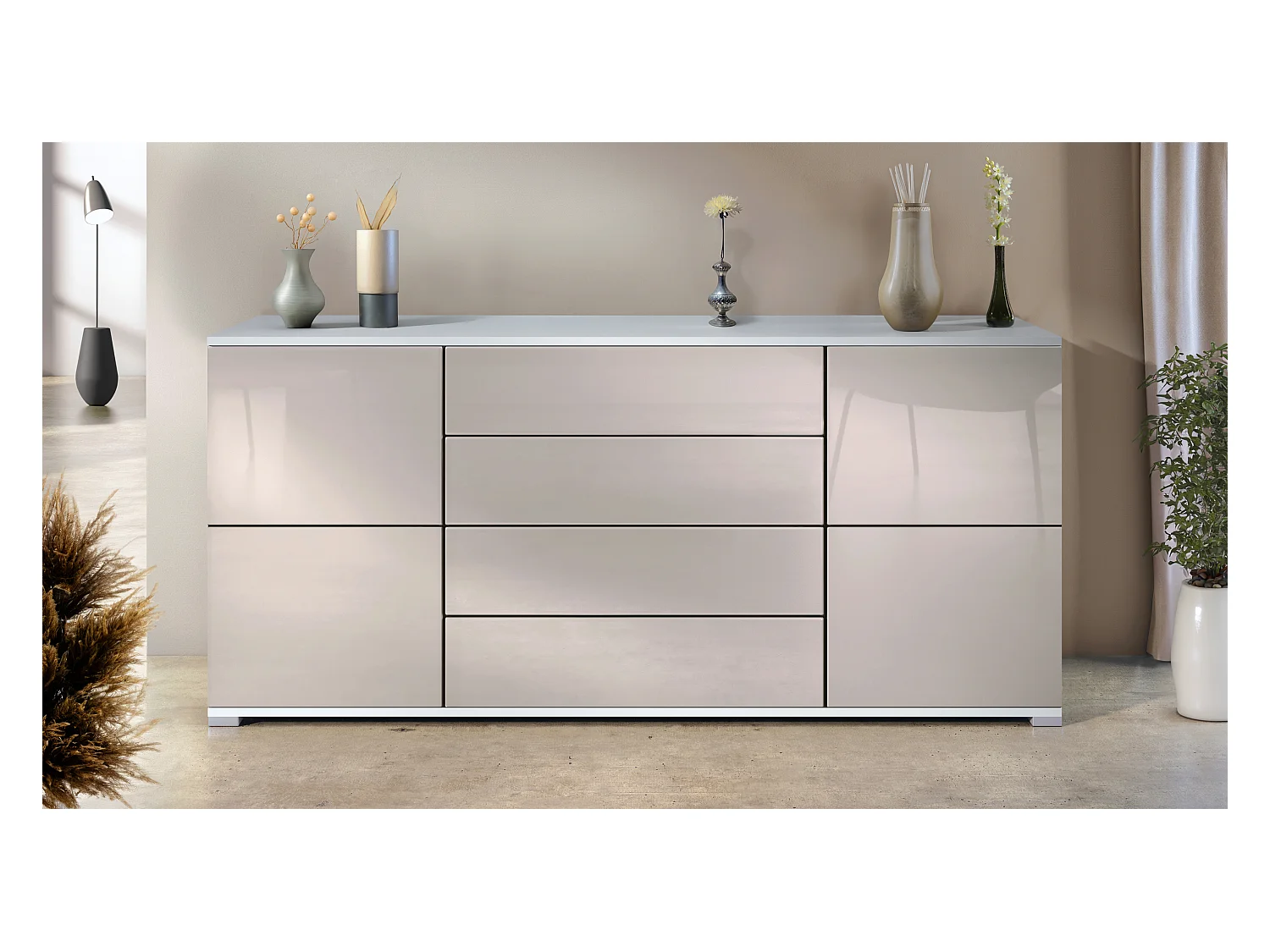Buffet Rova V2 – Meuble avec 4 Portes et 4 Tiroirs, blanc mat/gris sable haute brillance (166,5 x 75,5 x 35)