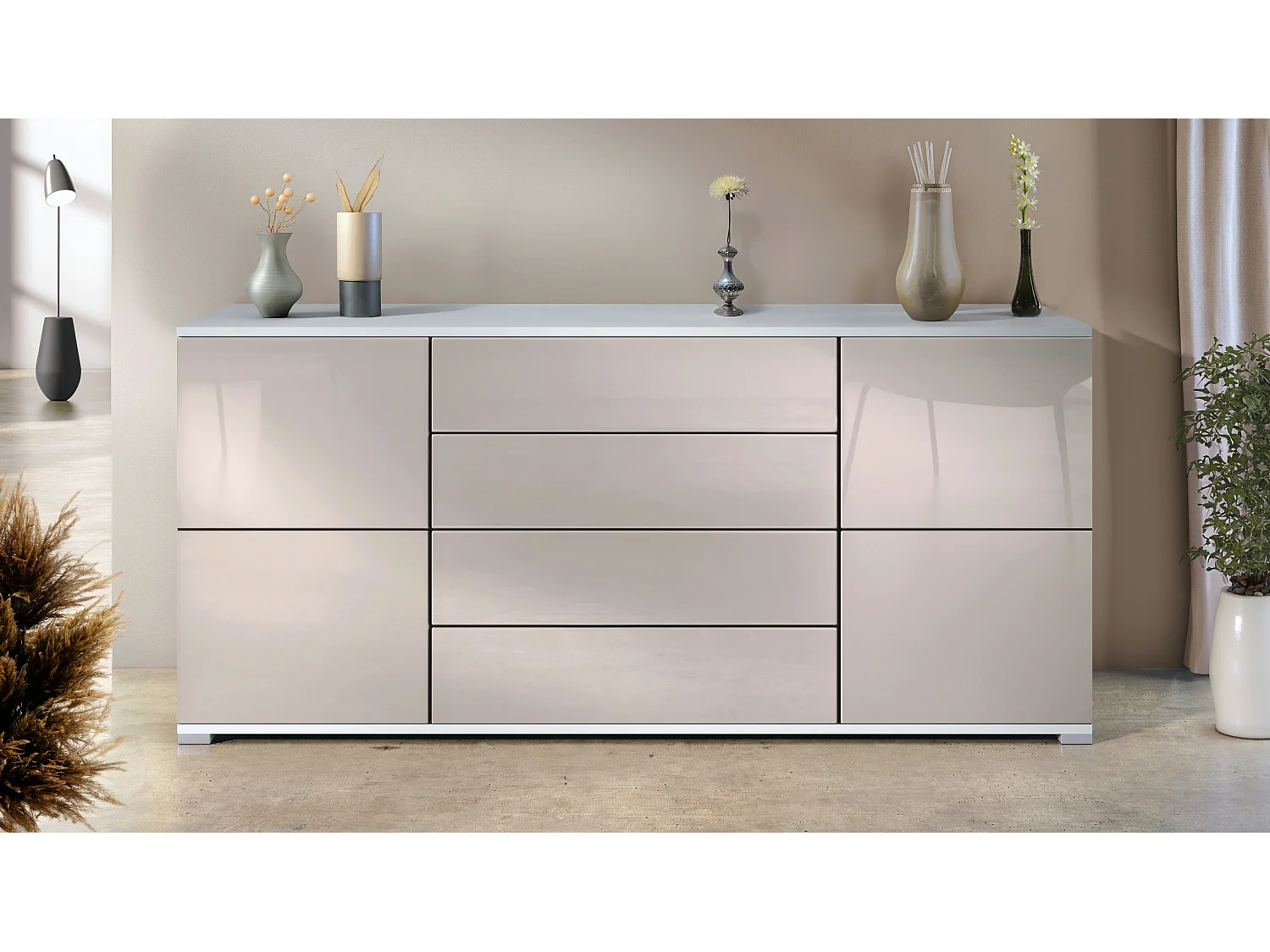 Buffet Rova V2 – Meuble avec 4 Portes et 4 Tiroirs, blanc mat/gris sable haute brillance (166,5 x 75,5 x 35)
