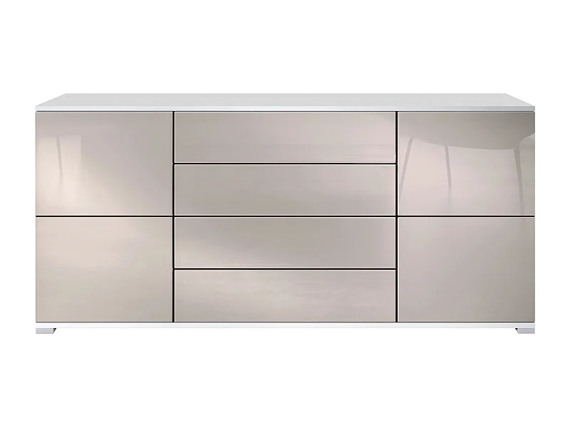 Buffet Rova V2 – Meuble avec 4 Portes et 4 Tiroirs, blanc mat/gris sable haute brillance (166,5 x 75,5 x 35)