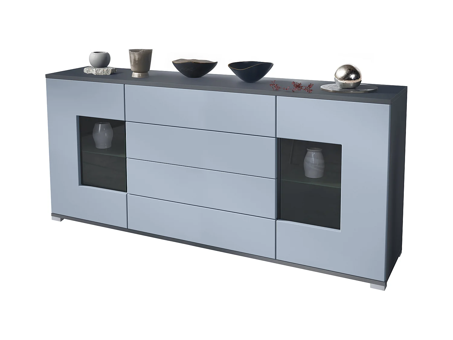 Buffet Grömitz V2 – Meuble avec 2 Grandes Portes et 4 Tiroirs, anthracite mat/denim mat (166,5 x 75,5 x 35)