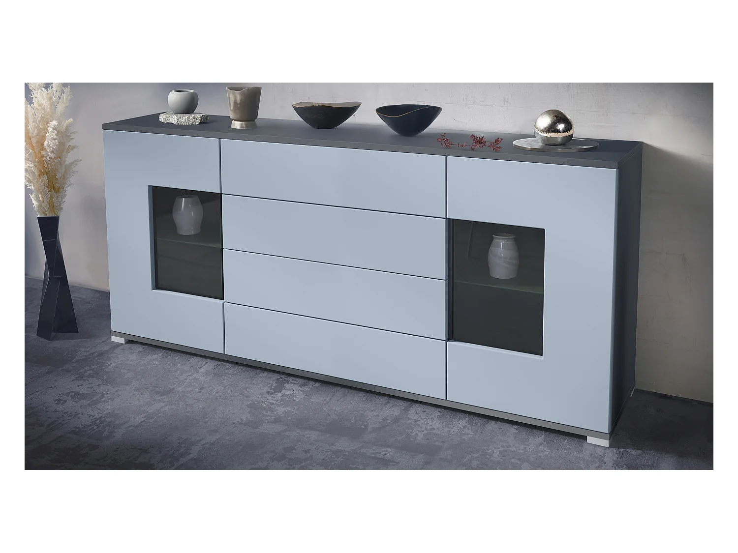 Buffet Grömitz V2 – Meuble avec 2 Grandes Portes et 4 Tiroirs, anthracite mat/denim mat (166,5 x 75,5 x 35)