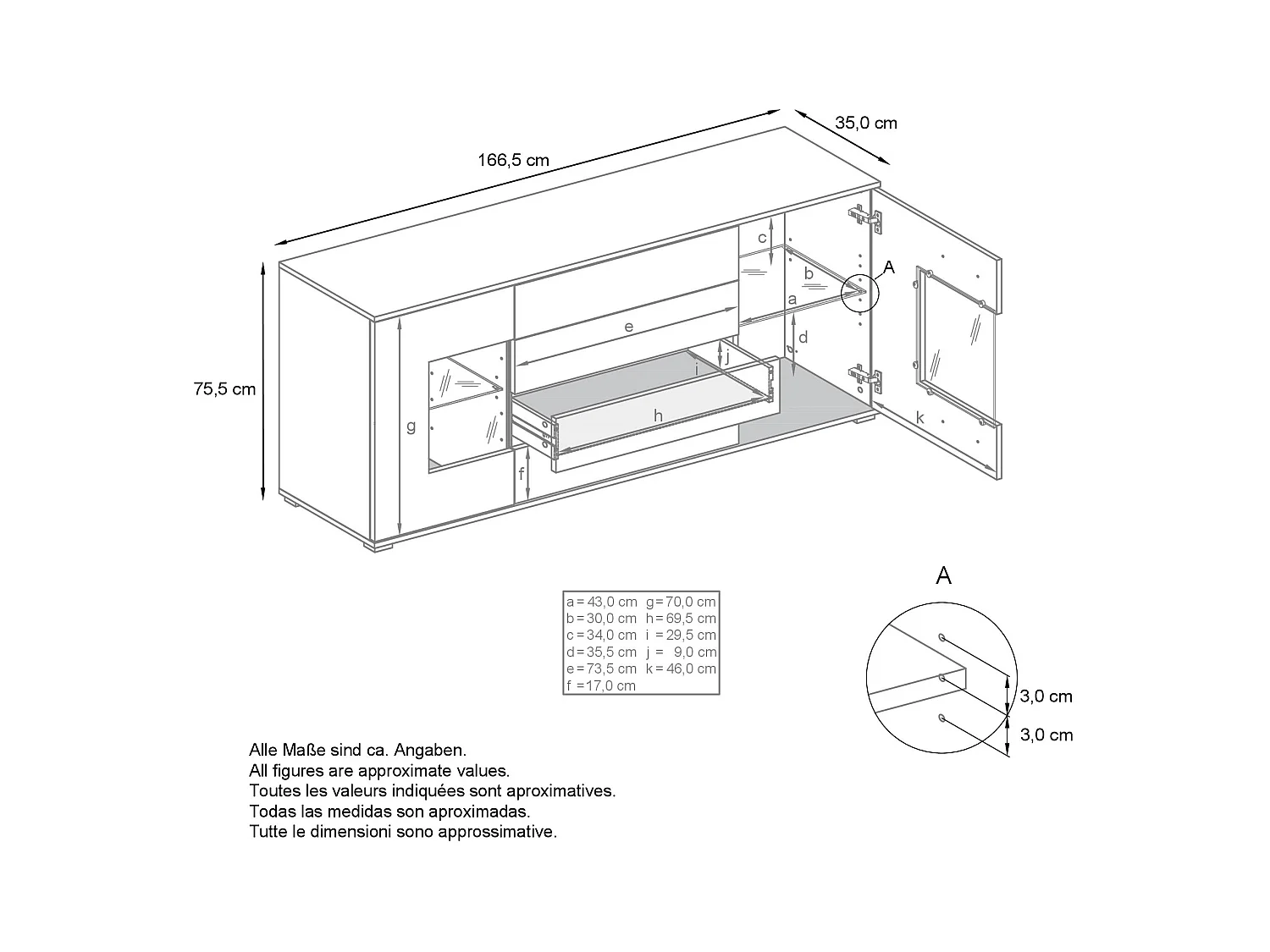 Buffet Grömitz V2 – Meuble avec 2 Grandes Portes et 4 Tiroirs, anthracite mat/denim mat (166,5 x 75,5 x 35)