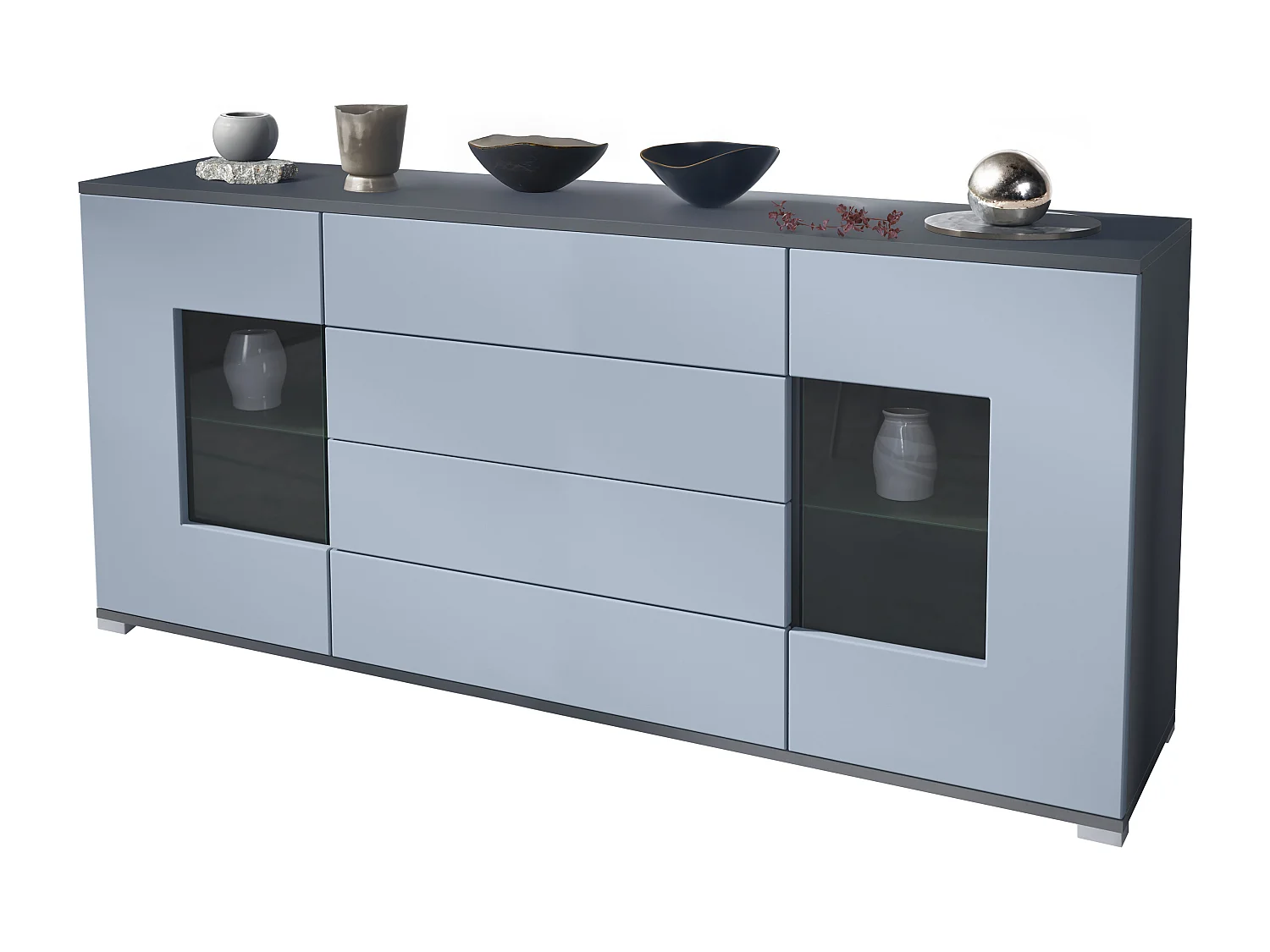 Buffet Grömitz V2 – Meuble avec 2 Grandes Portes et 4 Tiroirs, anthracite mat/denim mat (166,5 x 75,5 x 35)