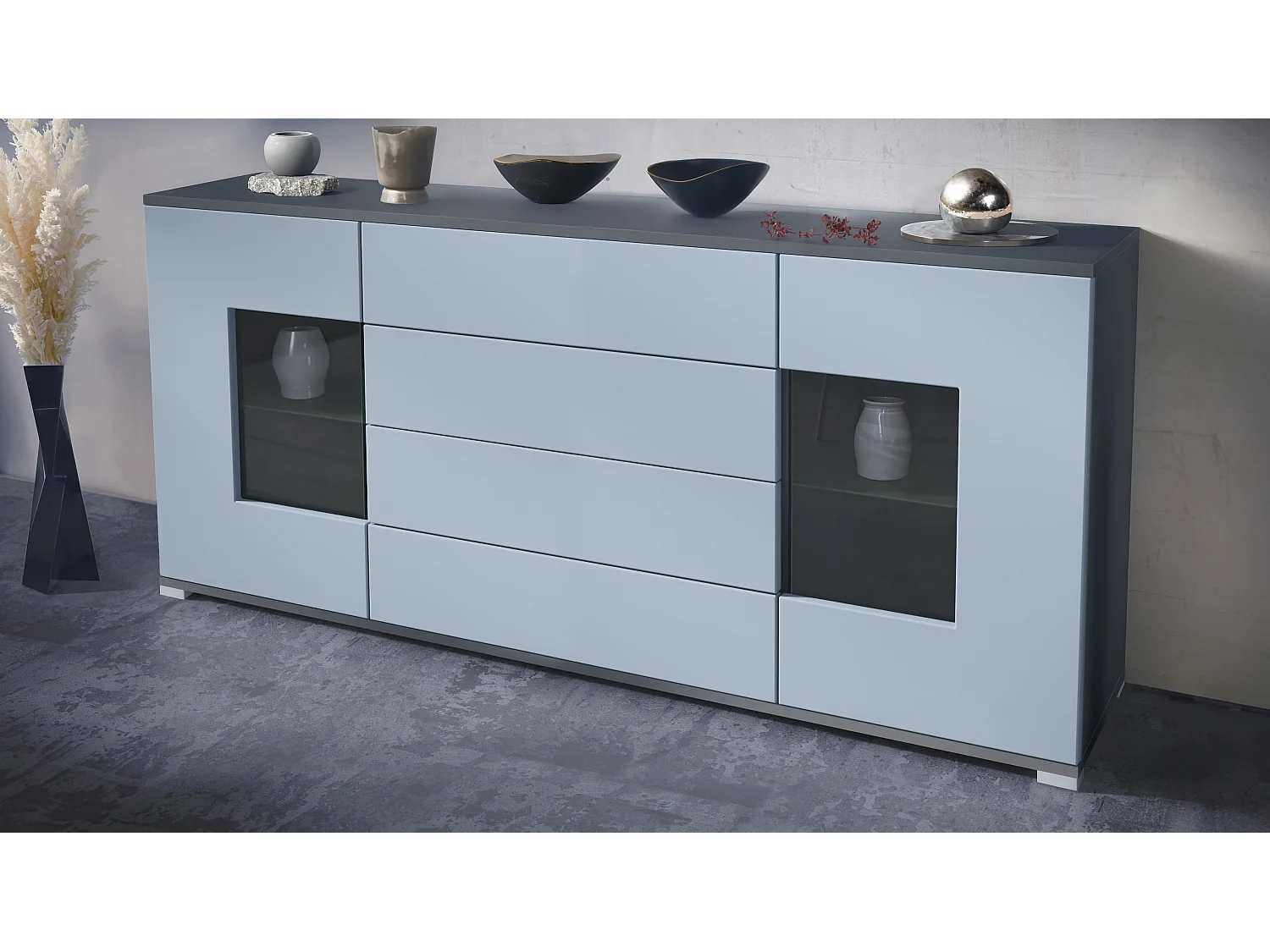 Buffet Grömitz V2 – Meuble avec 2 Grandes Portes et 4 Tiroirs, anthracite mat/denim mat (166,5 x 75,5 x 35)
