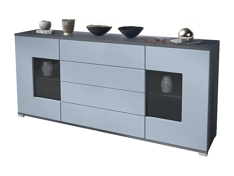 Buffet Grömitz V2 – Meuble avec 2 Grandes Portes et 4 Tiroirs, anthracite mat/denim mat (166,5 x 75,5 x 35)