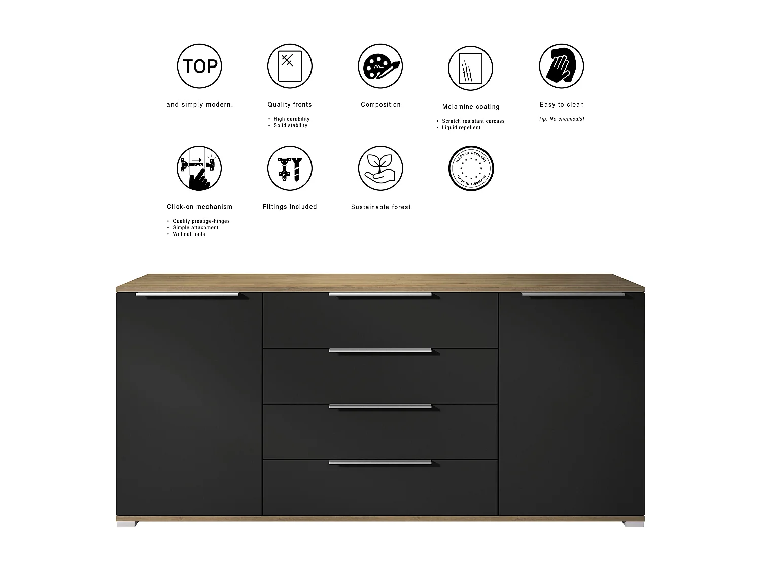 Buffet Linio V2 – Commode moderne avec 2 portes et 4 tiroirs, Chêne Evoke/denim mat, 166,5 x 75,5 x 35 cm (L x H x P) – Meuble de rangement bahut