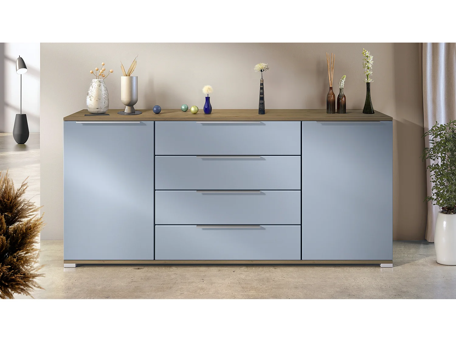 Buffet Linio V2 – Commode moderne avec 2 portes et 4 tiroirs, Chêne Evoke/denim mat, 166,5 x 75,5 x 35 cm (L x H x P) – Meuble de rangement bahut