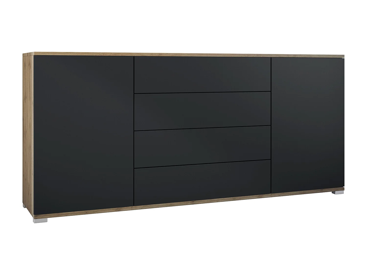 Buffet Santo V2, Enfilade avec 2 portes et 4 tiroirs, Chêne Evoke / noir mat (166,5 x 75,5 x 35 cm)