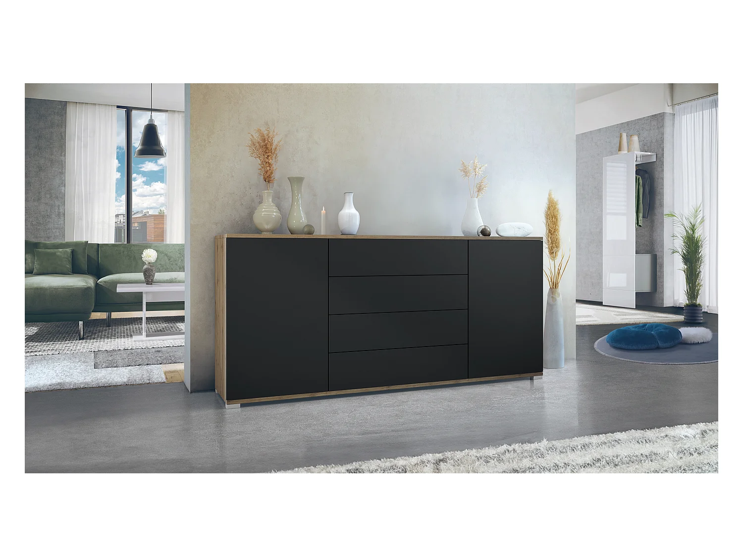 Buffet Santo V2, Enfilade avec 2 portes et 4 tiroirs, Chêne Evoke / noir mat (166,5 x 75,5 x 35 cm)