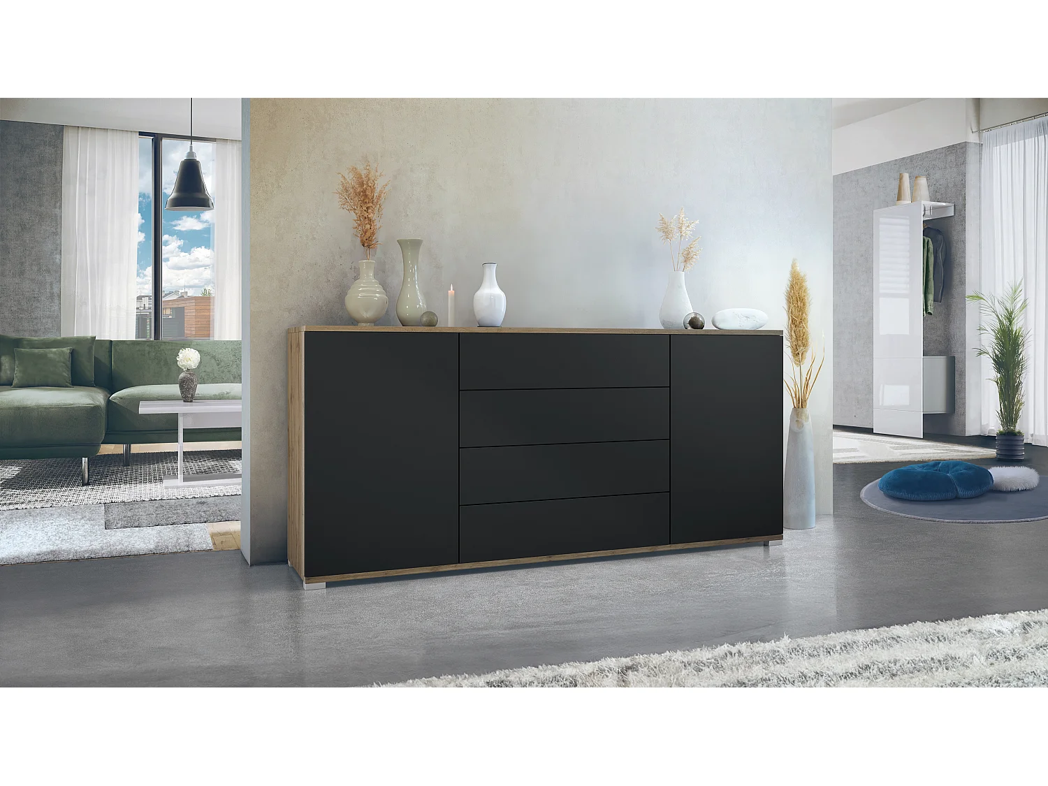 Buffet Santo V2, Enfilade avec 2 portes et 4 tiroirs, Chêne Evoke / noir mat (166,5 x 75,5 x 35 cm)