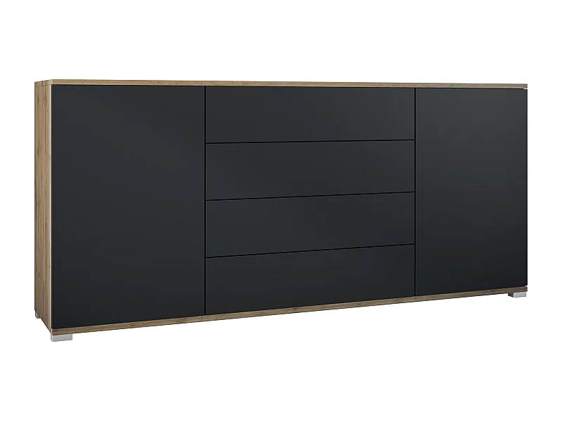 Buffet Santo V2, Enfilade avec 2 portes et 4 tiroirs, Chêne Evoke / noir mat (166,5 x 75,5 x 35 cm)