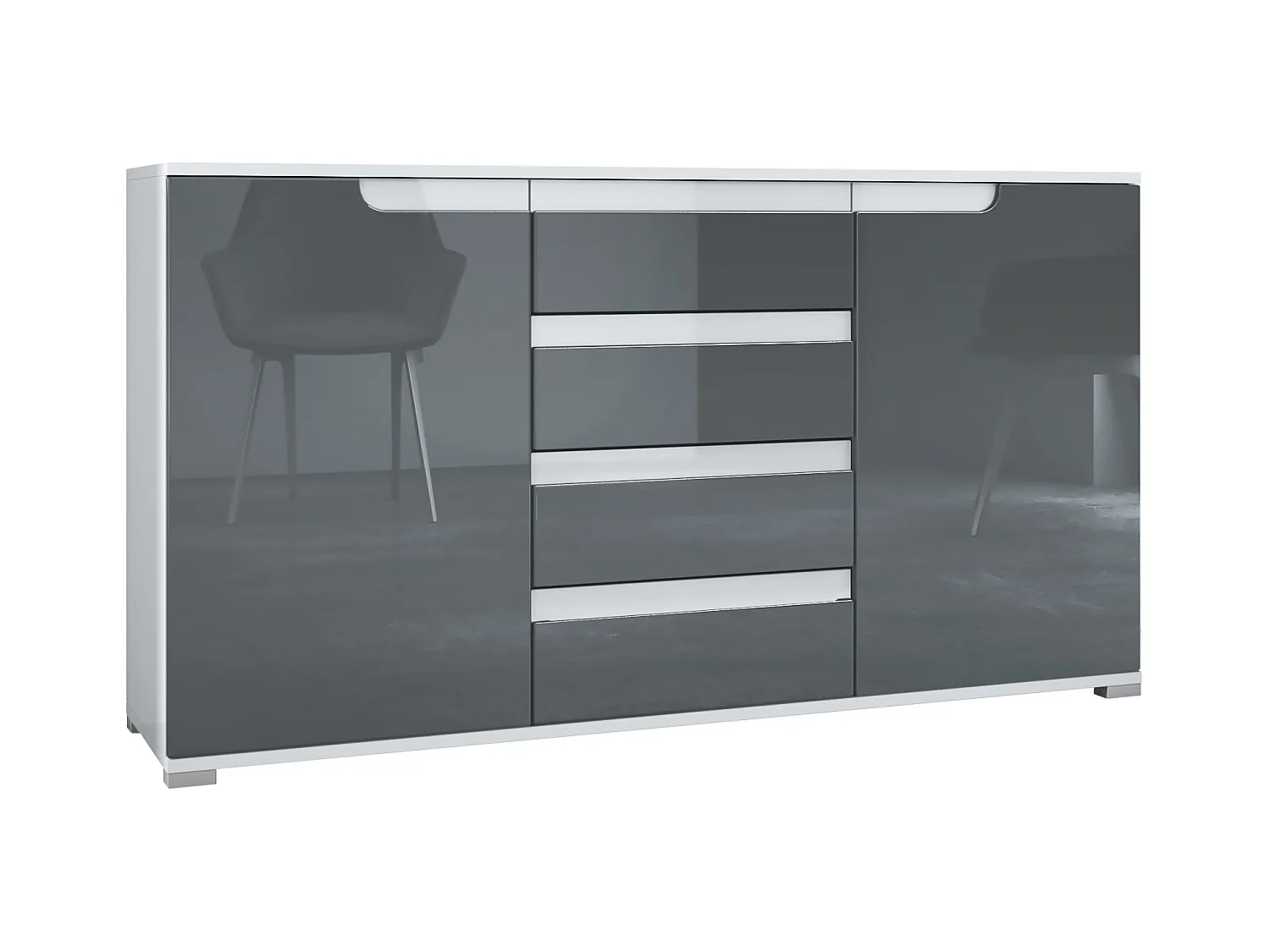 Buffet Dressoir Sylt, Corps en Noir mat / Façades en gris haute brillance avec un decor en blanc haute brillance (139 x 72 x 35)