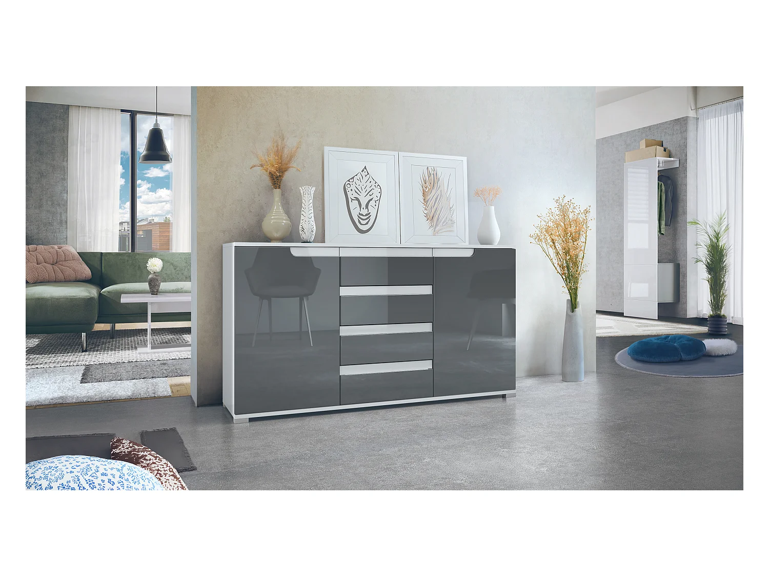 Buffet Dressoir Sylt, Corps en Noir mat / Façades en gris haute brillance avec un decor en blanc haute brillance (139 x 72 x 35)