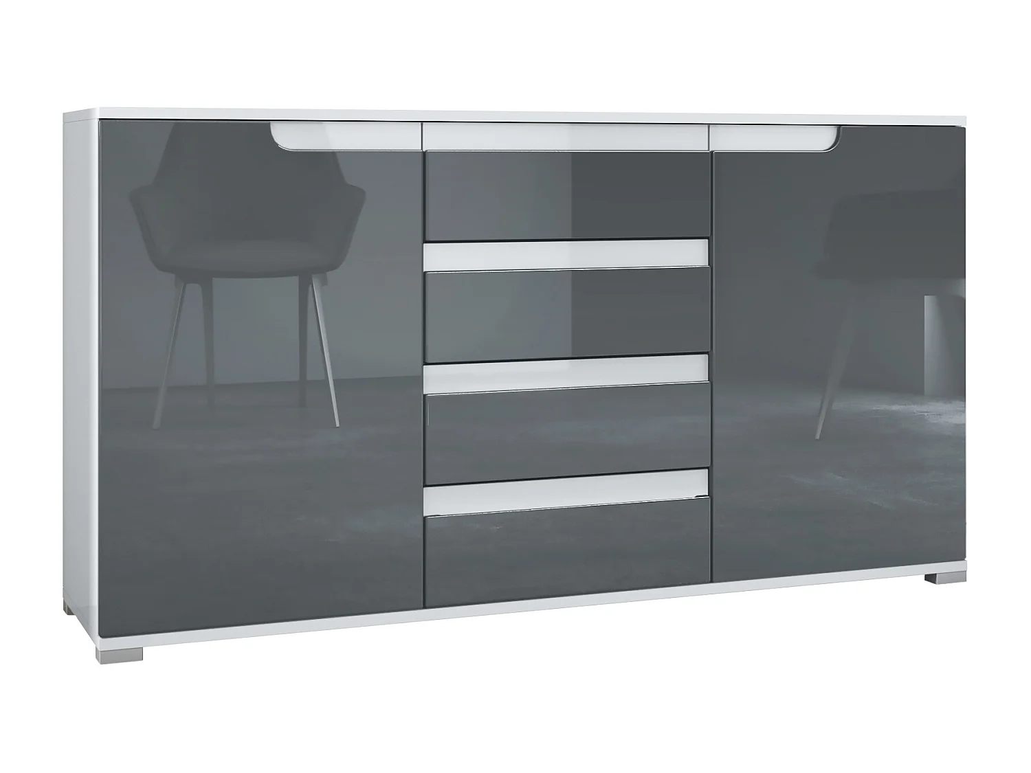 Buffet Dressoir Sylt, Corps en Noir mat / Façades en gris haute brillance avec un decor en blanc haute brillance (139 x 72 x 35)