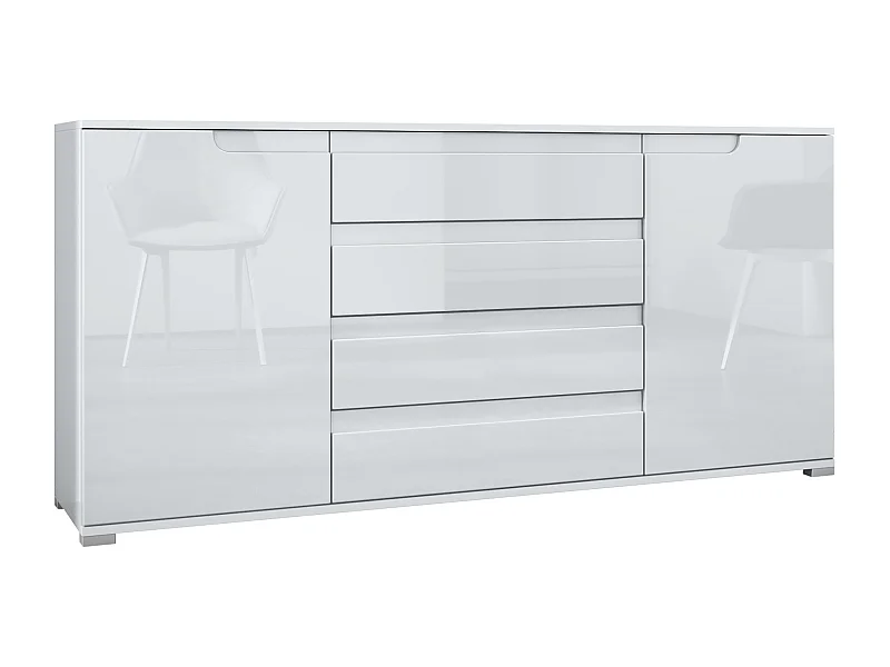 Buffet Sylt V2, Commode avec 2 Portes et 4 Tiroirs, Corps - blanc mat / Façade - blanc haute brillance / Détails - blanc haute brillance (166,5 x 75,5 x 35 cm)