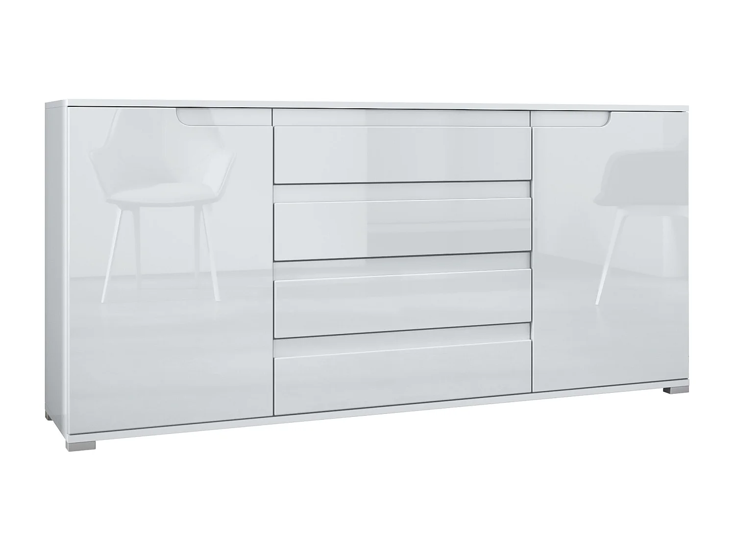Buffet Sylt V2, Commode avec 2 Portes et 4 Tiroirs, Corps - blanc mat / Façade - blanc haute brillance / Détails - blanc haute brillance (166,5 x 75,5 x 35 cm)