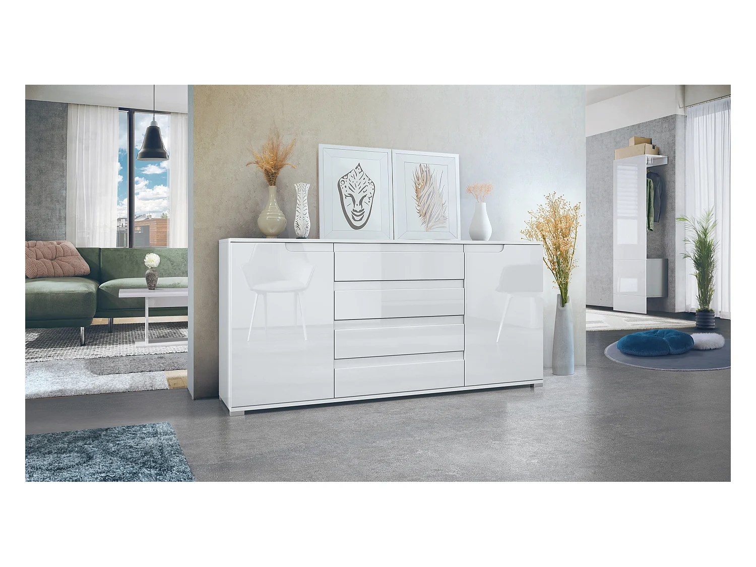 Buffet Sylt V2, Commode avec 2 Portes et 4 Tiroirs, Corps - blanc mat / Façade - blanc haute brillance / Détails - blanc haute brillance (166,5 x 75,5 x 35 cm)