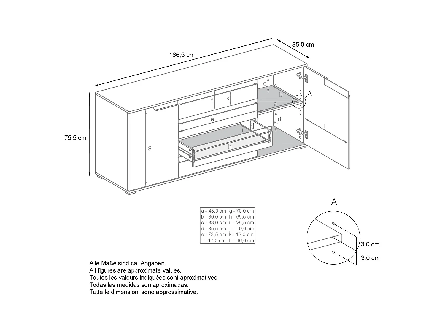 Buffet Sylt V2, Commode avec 2 Portes et 4 Tiroirs, Corps - blanc mat / Façade - blanc haute brillance / Détails - blanc haute brillance (166,5 x 75,5 x 35 cm)