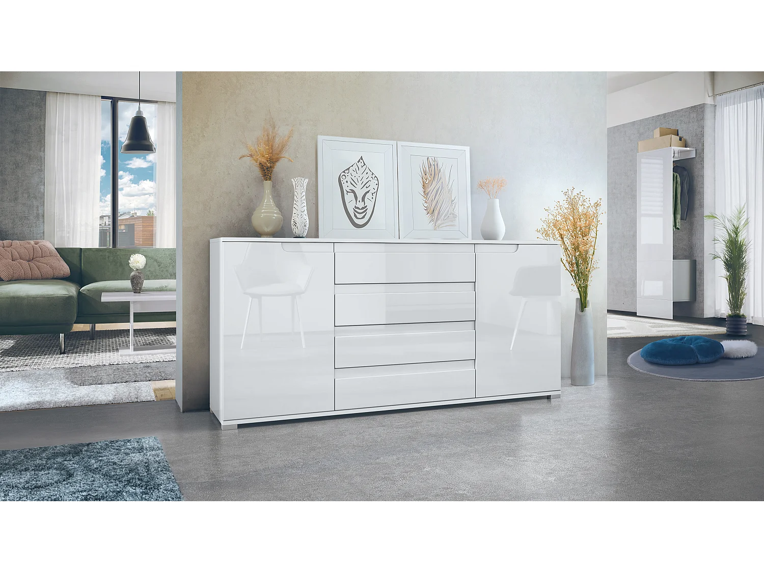 Buffet Sylt V2, Commode avec 2 Portes et 4 Tiroirs, Corps - blanc mat / Façade - blanc haute brillance / Détails - blanc haute brillance (166,5 x 75,5 x 35 cm)