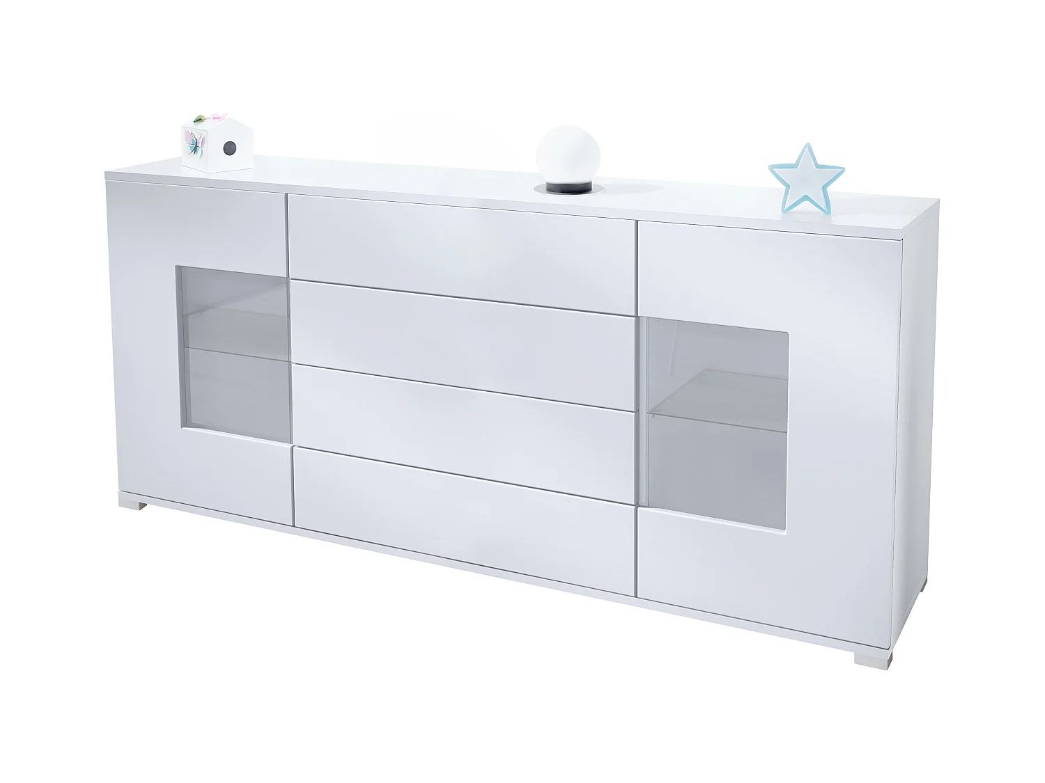 Buffet Grömitz V2 – Meuble avec 2 Grandes Portes et 4 Tiroirs, blanc mat/blanc mat (166,5 x 75,5 x 35)