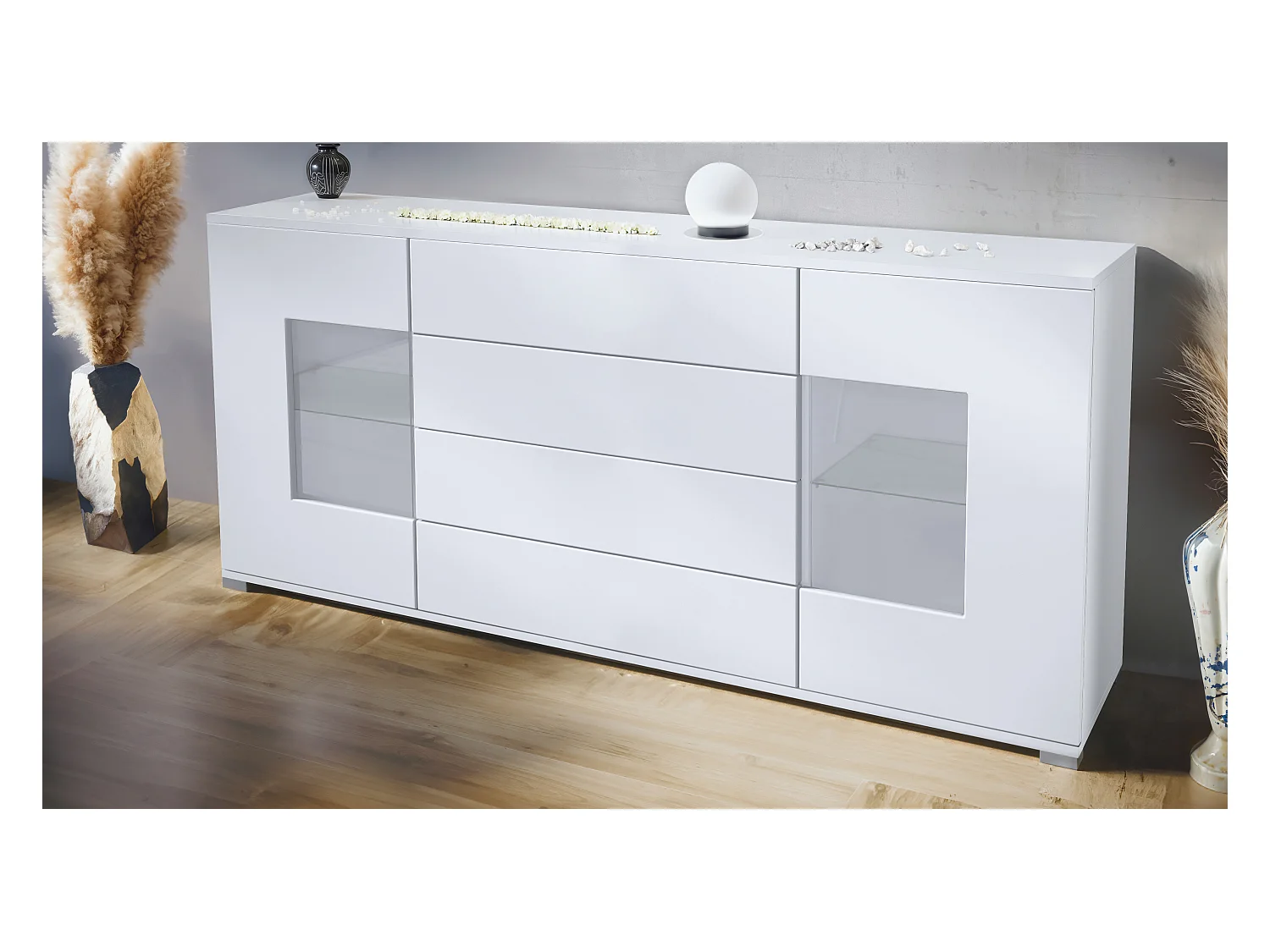 Buffet Grömitz V2 – Meuble avec 2 Grandes Portes et 4 Tiroirs, blanc mat/blanc mat (166,5 x 75,5 x 35)