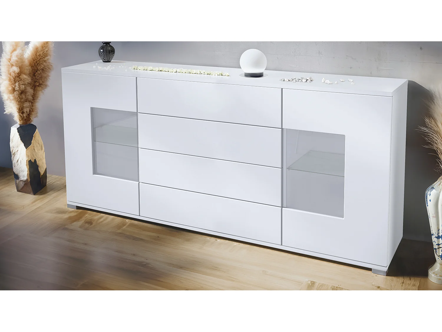 Buffet Grömitz V2 – Meuble avec 2 Grandes Portes et 4 Tiroirs, blanc mat/blanc mat (166,5 x 75,5 x 35)