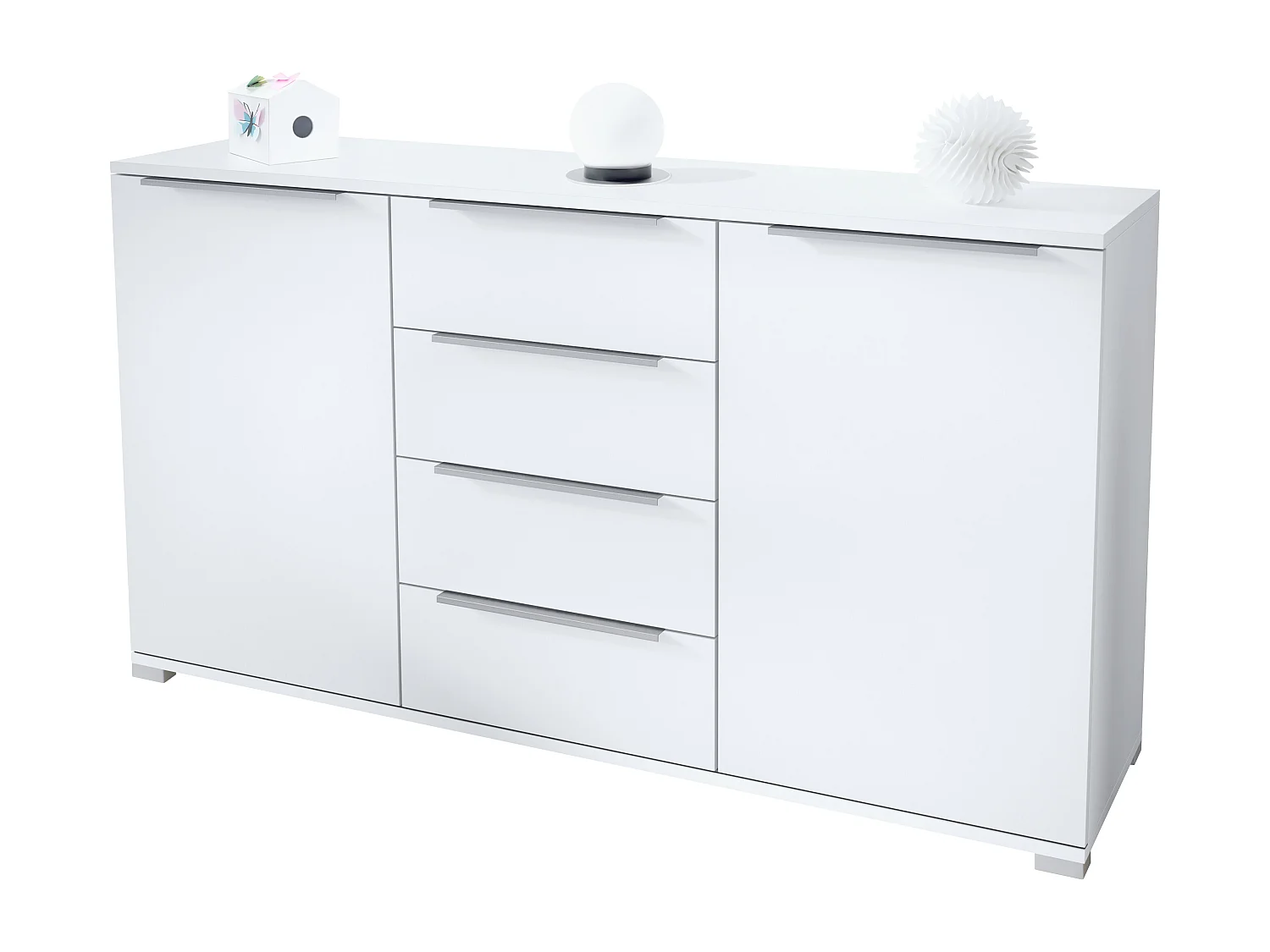 Buffet Linio V1, Enfilade avec 2 portes et 4 tiroirs, blanc mat / blanc mat (138,5 x 75,5 x 35 cm)