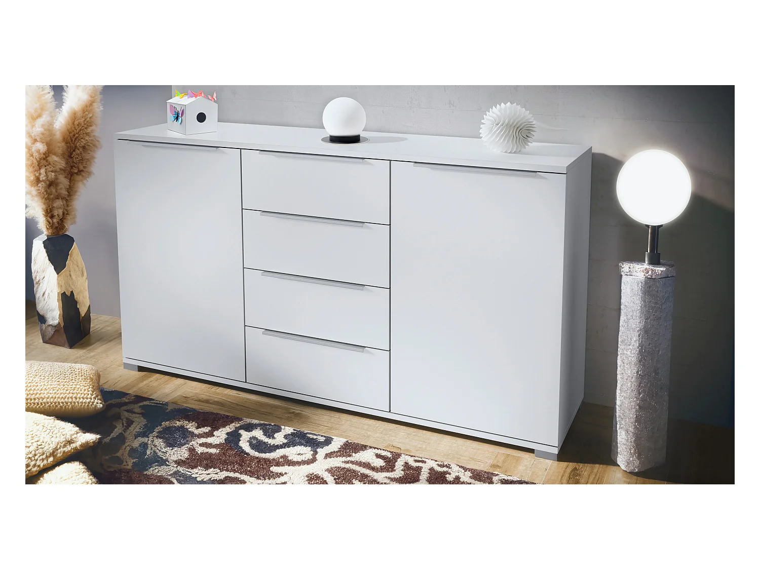 Buffet Linio V1, Enfilade avec 2 portes et 4 tiroirs, blanc mat / blanc mat (138,5 x 75,5 x 35 cm)