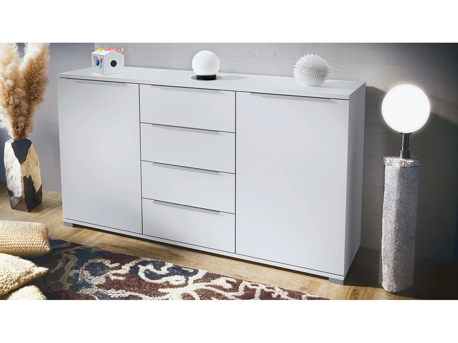 Buffet Linio V1, Enfilade avec 2 portes et 4 tiroirs, blanc mat / blanc mat (138,5 x 75,5 x 35 cm)