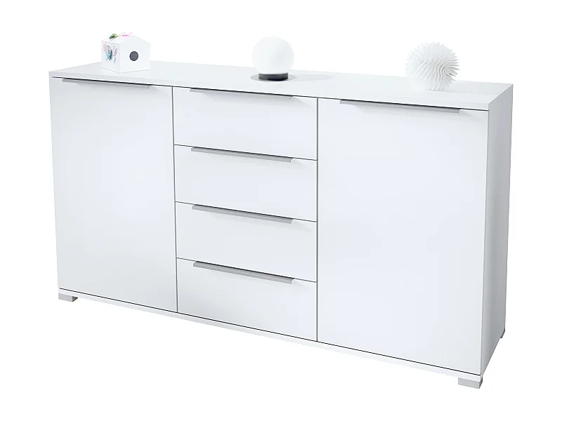 Buffet Linio V1, Enfilade avec 2 portes et 4 tiroirs, blanc mat / blanc mat (138,5 x 75,5 x 35 cm)