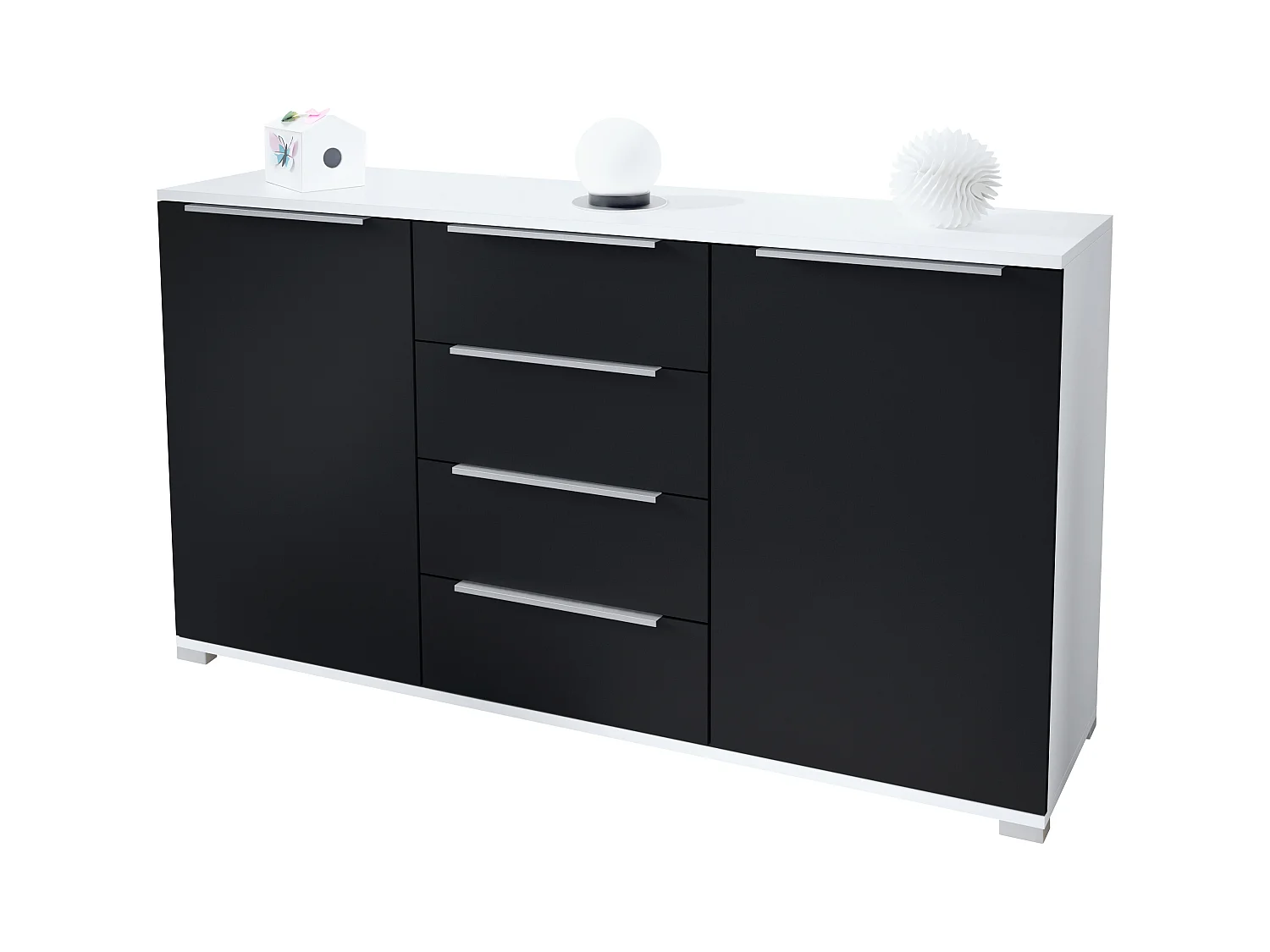 Buffet Linio V1, Enfilade avec 2 portes et 4 tiroirs, blanc mat / noir mat (138,5 x 75,5 x 35 cm)