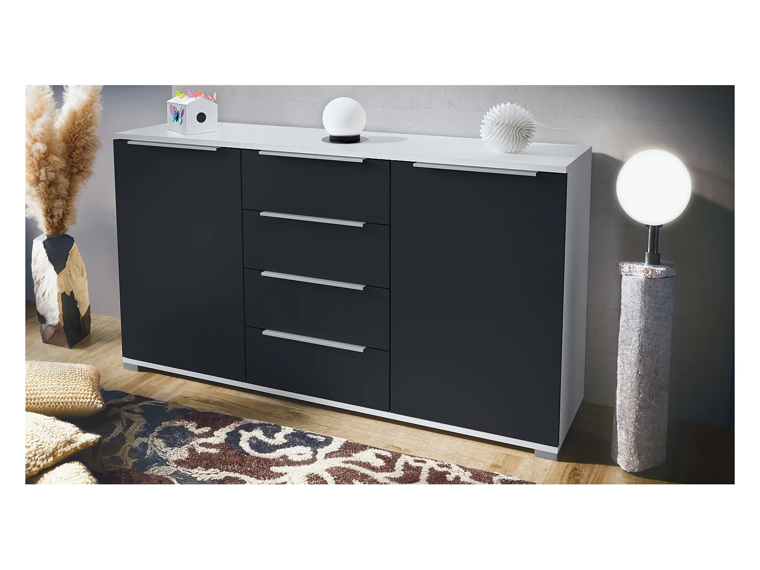 Buffet Linio V1, Enfilade avec 2 portes et 4 tiroirs, blanc mat / noir mat (138,5 x 75,5 x 35 cm)