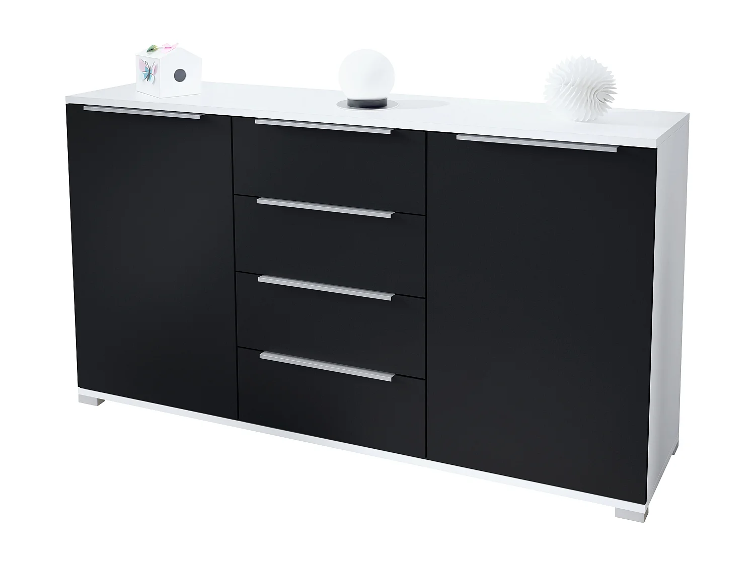 Buffet Linio V1, Enfilade avec 2 portes et 4 tiroirs, blanc mat / noir mat (138,5 x 75,5 x 35 cm)