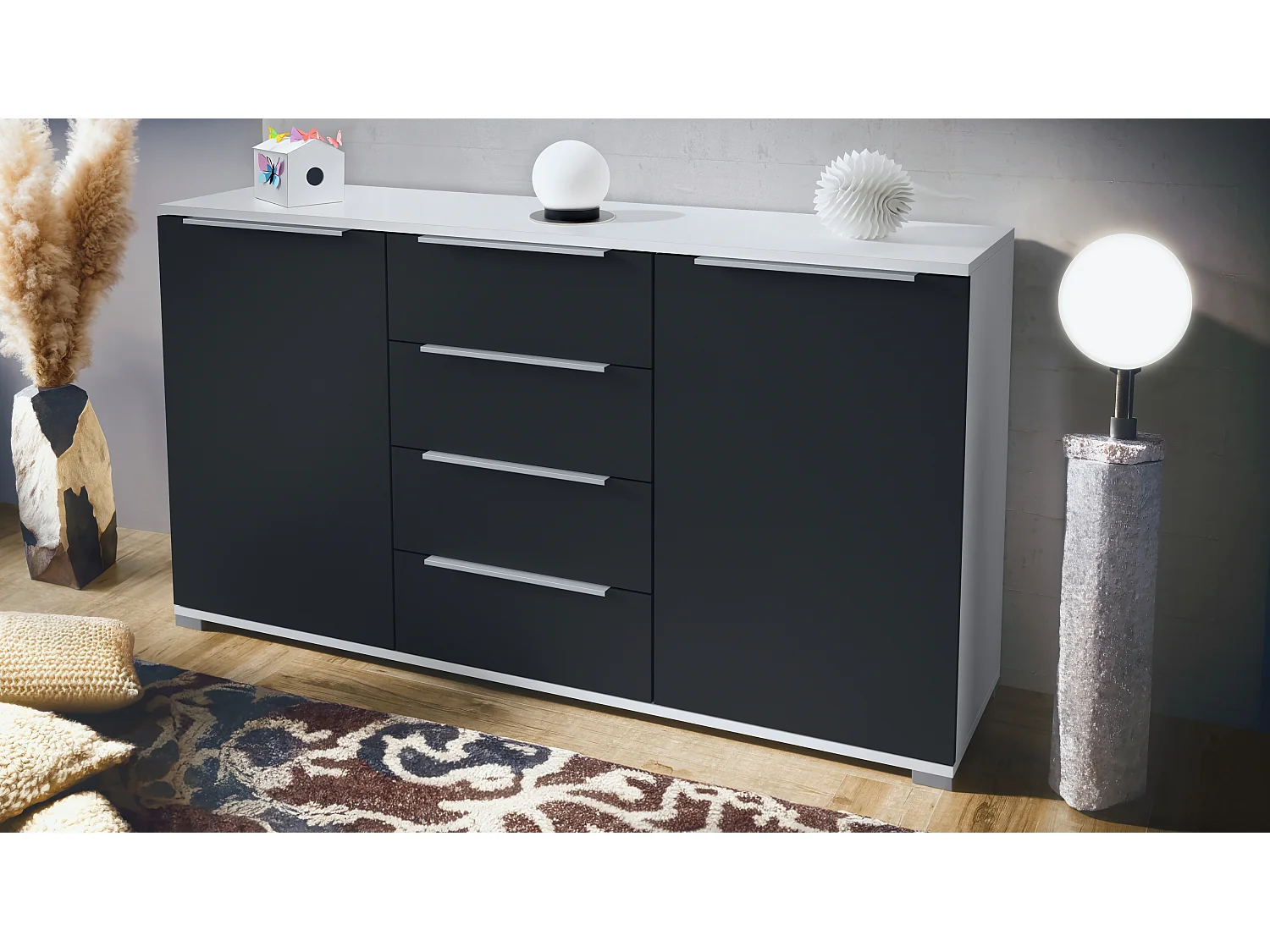 Buffet Linio V1, Enfilade avec 2 portes et 4 tiroirs, blanc mat / noir mat (138,5 x 75,5 x 35 cm)