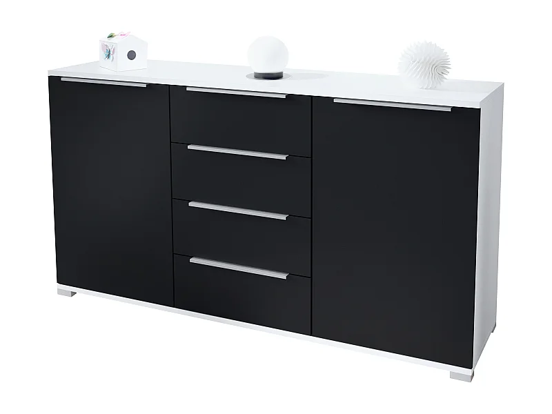 Buffet Linio V1, Enfilade avec 2 portes et 4 tiroirs, blanc mat / noir mat (138,5 x 75,5 x 35 cm)