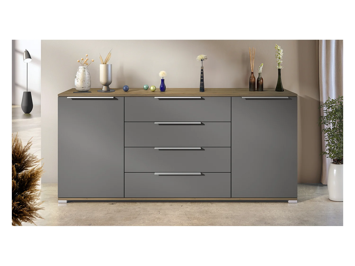 Buffet Linio V2 – Commode moderne avec 2 portes et 4 tiroirs, Chêne Evoke/anthracite mat, 166,5 x 75,5 x 35 cm (L x H x P) – Meuble de rangement bahut