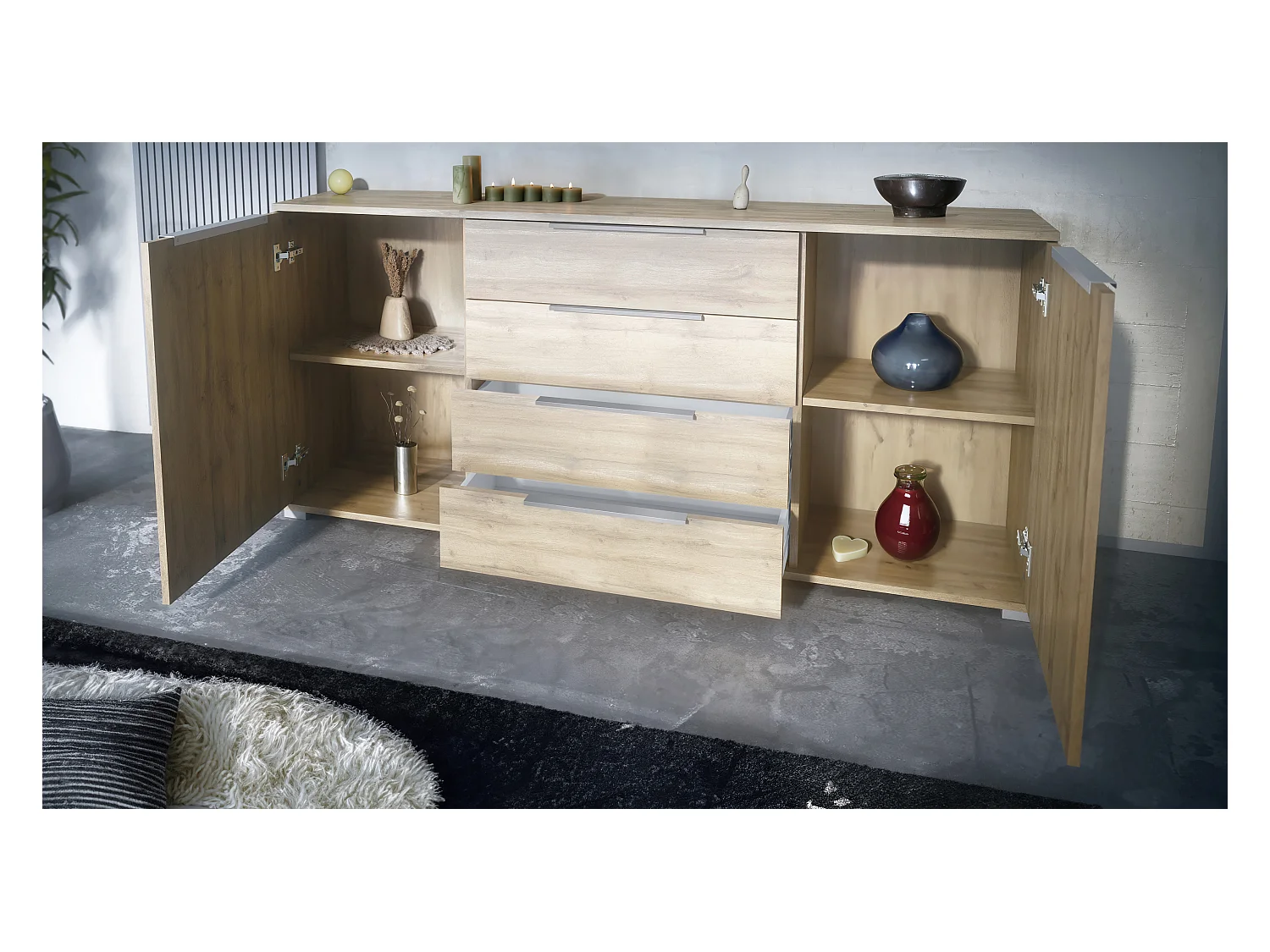 Buffet Linio V2 – Commode moderne avec 2 portes et 4 tiroirs, Chêne Evoke/anthracite mat, 166,5 x 75,5 x 35 cm (L x H x P) – Meuble de rangement bahut